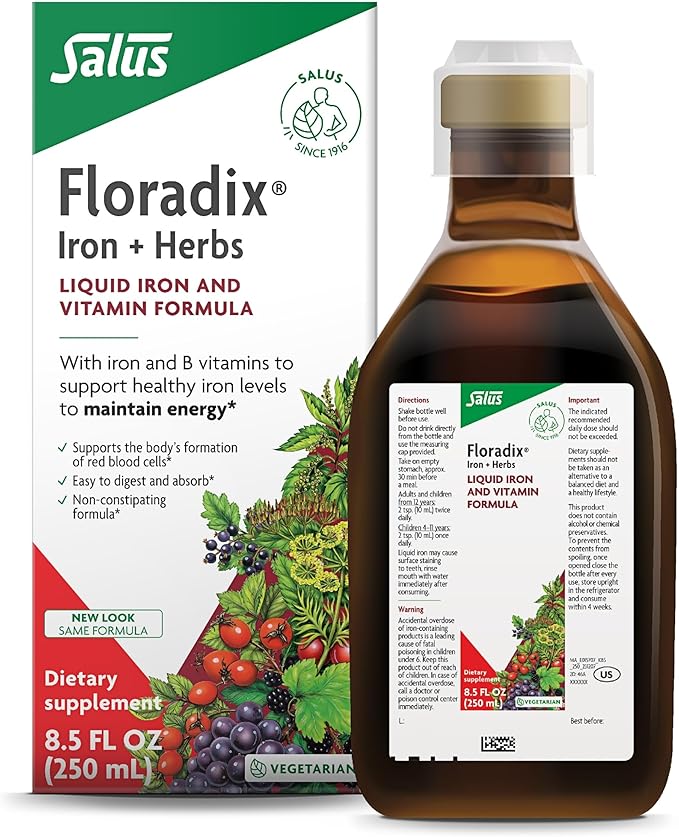 Floradix by Salus Iron & Herbs - Liquid Herbal Supplement for Energy Support - Iron Supplement with Vitamin C & B Complex Vitamins - for Men & Women - 8.5 Fl Oz