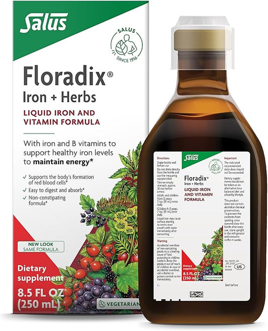 Floradix by Salus Iron & Herbs - Liquid Herbal Supplement for Energy Support - Iron Supplement with Vitamin C & B Complex Vitamins - for Men & Women - 8.5 Fl Oz