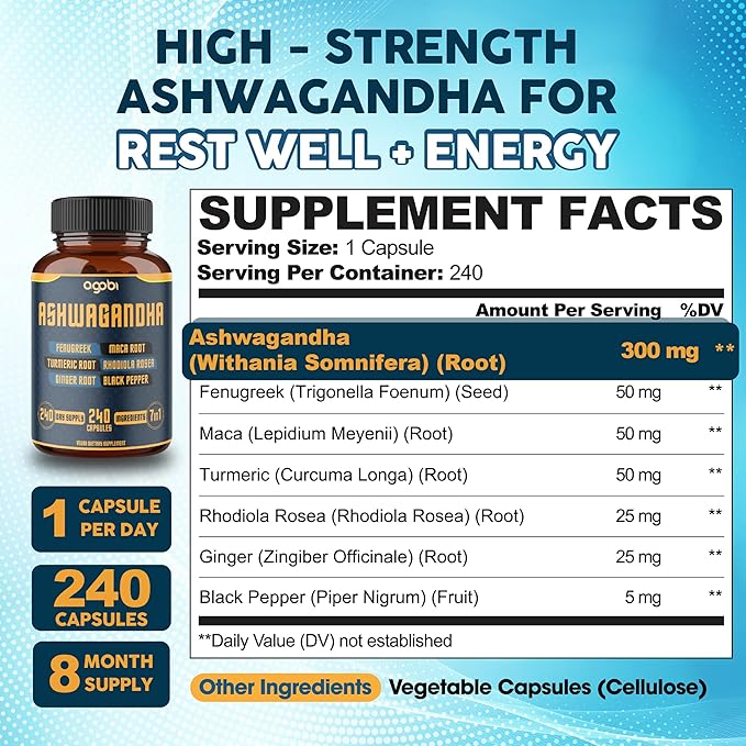 240 Capsules - 8 Month Supply - 7in1 with Fenugreek, Maca, Turmeric, Rhodiola, Ginger, and Black Pepper - Mood, Strength, Spirit and Energy Support Supplement