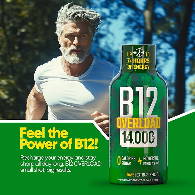 B12 Overload Extra Strength Energy Shot – Grape – 260mg Caffeine, 14000% B12, Electrolytes – Energy & Vitality Support – Zero Sugar No Calories – Vegan, Kosher, Gluten-Free – 1.93 fl oz, 10-Pack