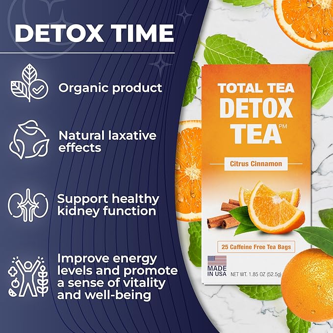Total Tea Detox Tea & Energy Tea Set - 25 Day Detox Tea - Herbal SIim Tea with Chamomile - Hibiscus Tea and Ginger Root for Colon Cleanse – Natural Citrus & Cinnamon Herbal Tea for Digestive Health (25-Pack, Detox & Energy Tea)