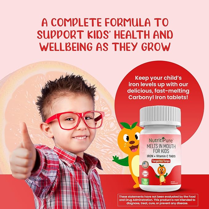 Chewable Iron Supplements for Kids (Ferronyl®/Carbonyl Iron 9 mg with Vitamin C 30 mg) Tablet in Tangerine Tango Orange Flavor Kids Iron Supplement 90 Count (2 Bottles)