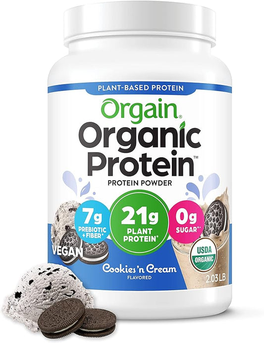 Orgain Organic Vegan Protein Powder, Cookies 'n Cream - 21g of Plant Based Protein, Low Net Carbs, Gluten Free, Lactose Free, No Sugar Added, Soy Free, Kosher, Non-GMO, 2.03 Lb