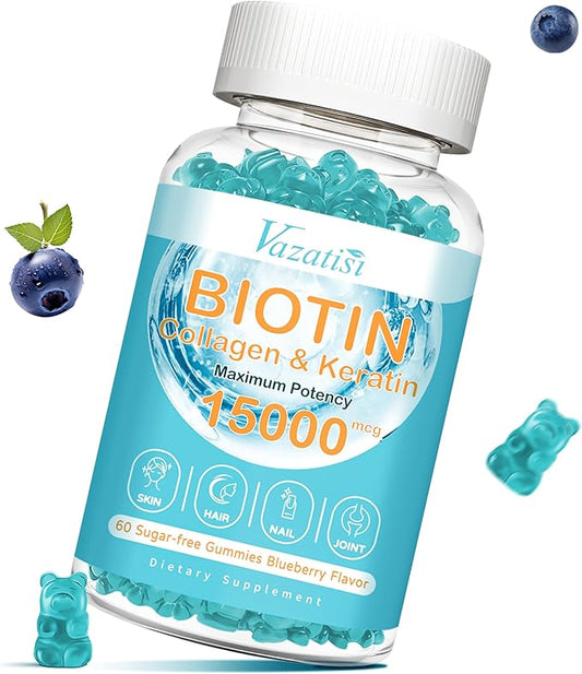 Biotin Gummies for Hair Growth, Hair Skin and Nails Gummies for Women, Collagen Gummies with Vitamin C Zinc for Men - Blueberry Flavor, 60 Gummies