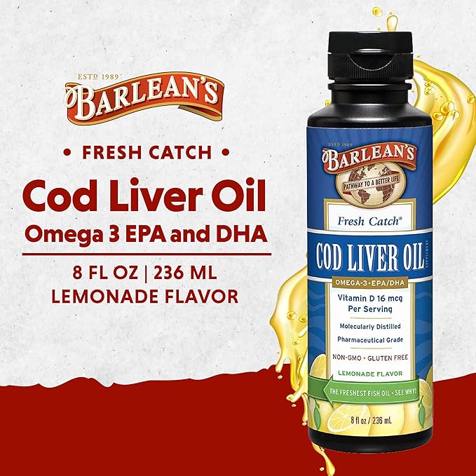 Barlean's Cod Liver Oil Liquid Supplement, Omega 3 Fish Oil with 900mg EPA and DHA Plus Vitamin D, Supplements for Joint, Brain, and Heart Health Support, Lemonade Flavor, 8 oz