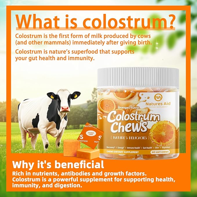 Colostrum Chews Supplement with probiotics for Gut Health, Bloating, Immune Support, Skin, Hair Growth and Beauty - Orange Flavor (60 Servings)