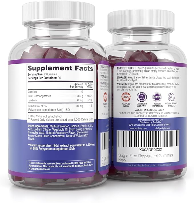 Purify Life Sugar-Free Resveratrol Gummies - Potent 1500mg Resveratrol Supplement to Support Digestive & Immune Health - Supplement for Antioxidant Support, Cell Regenerator & Repair
