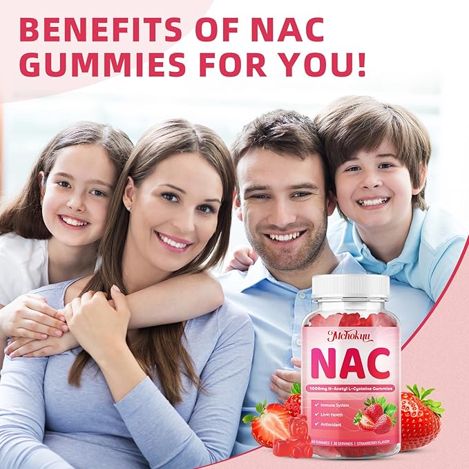 NAC Gummies 1000mg, N-Acetyl Cysteine Supplement for Adults & Kids Immune Support Liver Detox & Lung Health Antioxidant Supplement, Sugar-Free, Vegan, Strawberry Flavor, 120 Gummies