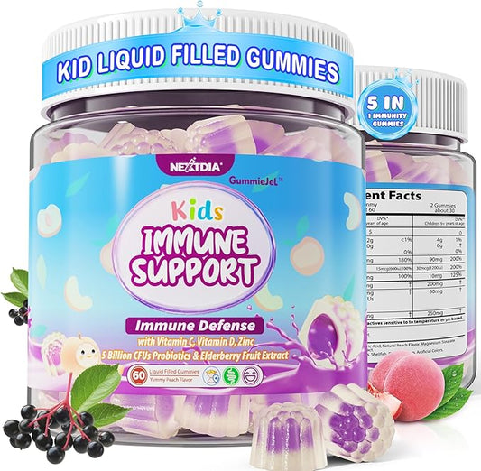 Kids Immune Support Gummies, Probiotics Vitamin C Zinc & Elderberry Gummies for Kids 4+, 6-in-1 Daily Kid Vitamin C Gummies Chewable with Immune & Digestive Support, Sugar Free, Peach Flavor, 60 Count