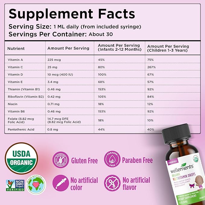 Wellements Organic Baby Multivitamin Drops (1 Fl Oz) - Cherry Flavor Liquid Multivitamins for Infants & Toddlers (2 Months+) - Toddler Vitamins for Immune Support*, Healthy Growth & Bone Development*