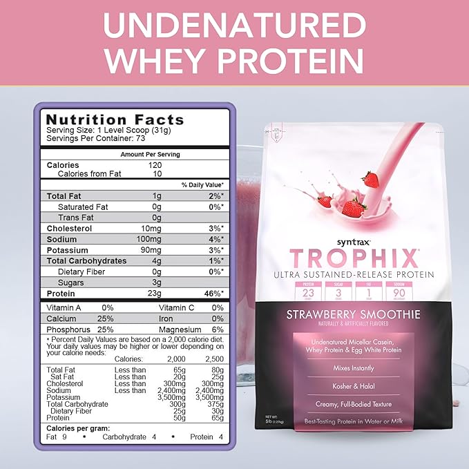 Syntrax Bundle: Trophix Undenatured Casein Protein Strawberry Smoothie - Instant Mix Whey Protein & Egg White Protein Powder - 5 Pounds High Protein Powder and Worldwide Nutrition Keychain