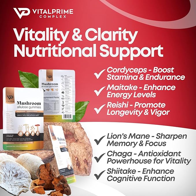 Sugar-Free Ashwagandha & Mushroom Gummies Supplement | 10 Functional Mushrooms per Serving | Immune Support, Focus, Energy | Vegan, Keto, Low Carb, Allulose Sweetener | 80 Gummies, Natural Flavors