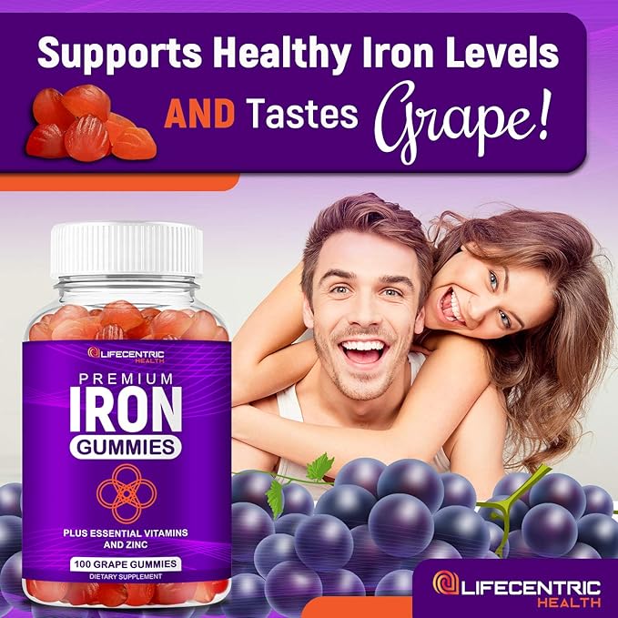 LifeCentricHealth Iron Gummies for Adults & Kids | Biotin Zinc Vitamin B Folic Acid Gummies | Vegan Gluten Free for Women & Men