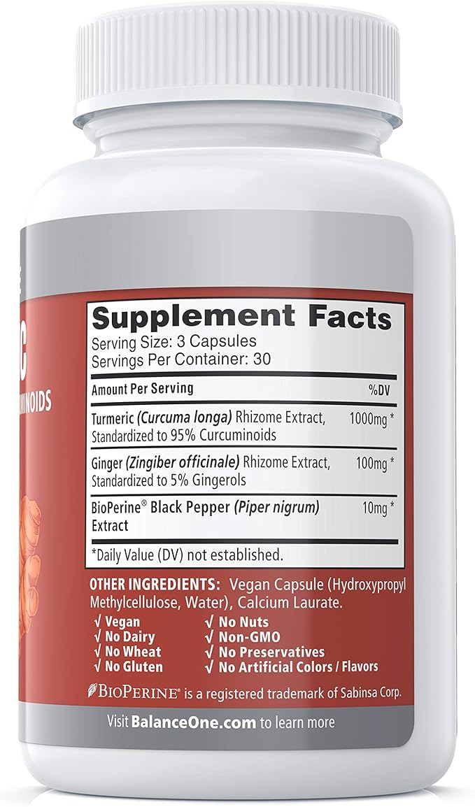 Balance ONE Turmeric Extract 1000mg with Max Strength 95% Curcuminoids - Turmeric Curcumin Supplement for Daily Joint & Immune Support - Ginger Extract and BioPerine - 1 Month Supply