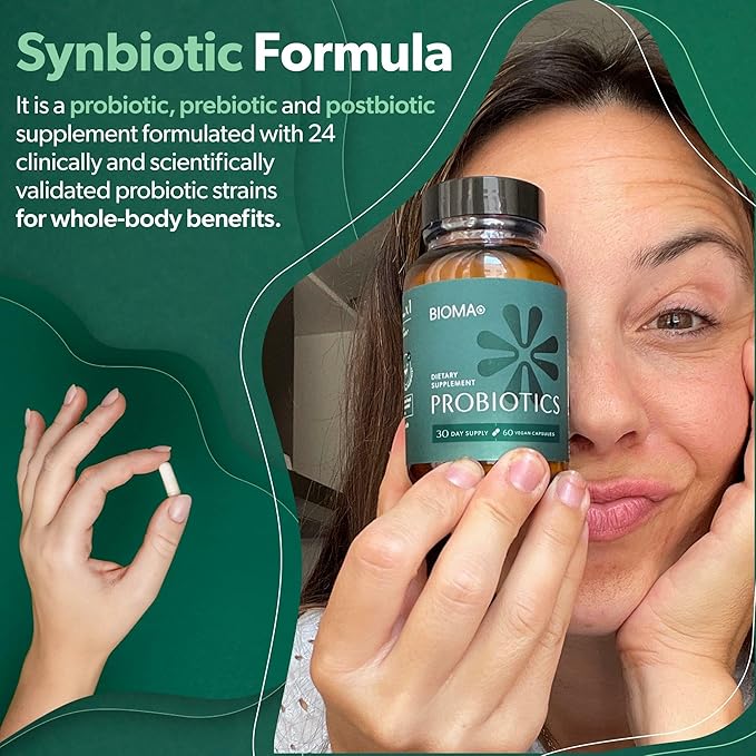 BIOMA Probiotics for Digestive Health, 3 in 1 Gut Health Probiotics and Prebiotics/Postbiotics, Probiotic Capsules for Complete Gut Harmony Probiotic Multi Enzyme - New Improved Formula (180 Caps)