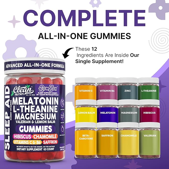 Clean Nutra Melatonin Gummies L Theanine Magnesium Valerian Root Lemon Balm Chamomile Vitamin C Gummy Saffron Sleep Aid Calm Vitamin B6 Stress Relief Hibiscus Relax Mood Happy Supplement Men Women