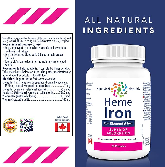 Heme Iron Supplement - 60 Capsules, 11mg Elemental Iron for Superior Absorption - Ideal Iron Supplements for Women