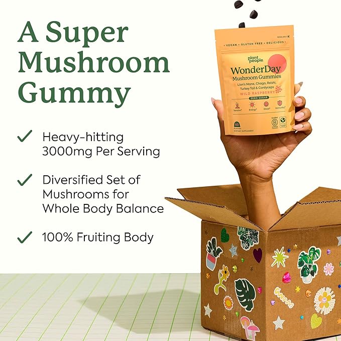 Plant People WonderDay Mushroom Gummies - Lion’s Mane, Cordyceps, Chaga Mushroom Supplement to Support Immune System De-Stress Boost Mood & Energy in Adults Natural, Vegan, Non-GMO (60 Count)