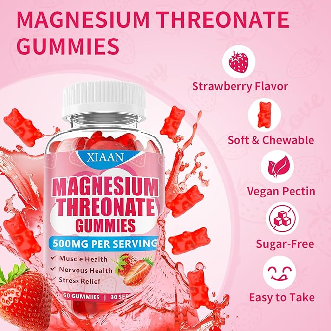 Magnesium L-Threonate Gummies 500mg, Suagr-Free Magnesium Threonate Supplement for Kids & Adults Muscle & Nervous Health Support, Strawberry Flavor 60 Count