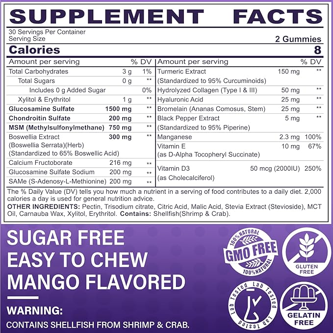 Glucosamine Chondroitin Gummies with MSM, Boswellia Turmeric, Hydrolyzed Collagen & Hyaluronic Acid, Extra Strength Supplement for Mobility, Comfort, Flexibility, Cartilage and Bone Health, 60 Cts