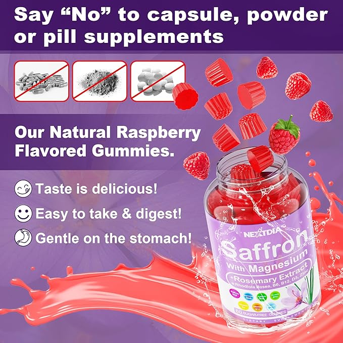 Saffron Supplements Gummies - 4 Months Supply - Saffron Extract 177mg 88.5mg, w/Magnesium Glycinate 400mg 200mg, Rhodiola Rosea, Rosemary, B6 B12 D3 for Calm, Nerve, Rest, Focus, Sugar-Free, 2 Pack