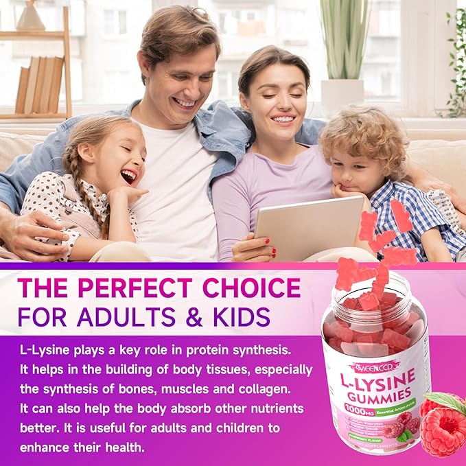 2 Pack L-Lysine 1000mg Gummies, Lysine Supplement for Adults & Kids, Essential Amino Acid for Lips & Oral Health, Boost Immune & Collagen & Calcium, Sugar-Free, Raspberry Flavor, 120 Count