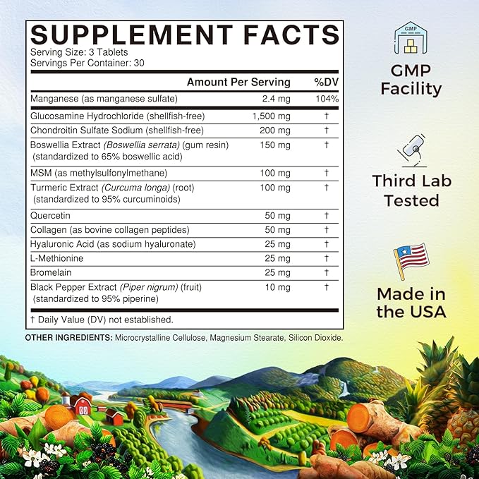 Vitalitown Glucosamine Chondroitin MSM | Collagen, Boswellia, Turmeric, Hyaluronic Acid, Bromelain | Triple Action+ Formula | 12 Move-Freely Ingredients | 90 Tablets, No Shellfish