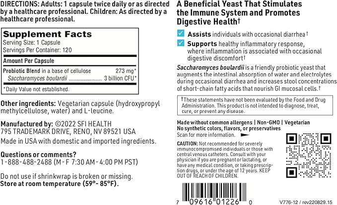 Klaire Labs Saccharomyces Boulardii Probiotic - Acid Resistant & Shelf-Stable Probiotic Supplement to Help Support Healthy Yeast Balance, Immune & Digestive Health - Hypoallergenic, Dairy-Free (120ct)