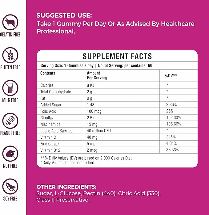 Probiotic Gummies – Mango Flavor | 40 Billion CFU | with Folic Acid, Vitamin C, B12, Zinc, Niacinamide & Riboflavin – Digestive & Immune Support – Vegan, Gluten-Free – 60 Ct
