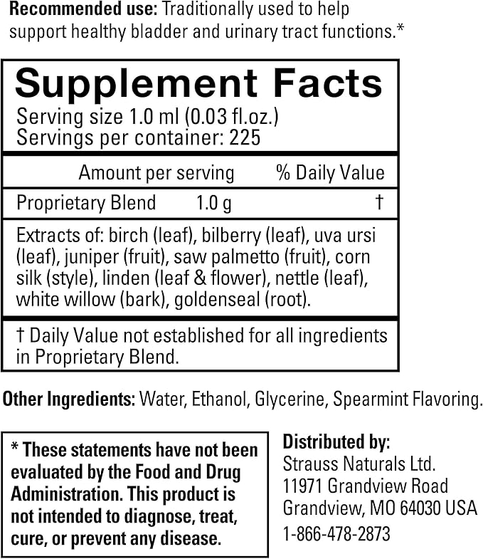 Strauss Naturals Bladder Support Drops Natural Supplements for Urinary System Support, Gluten-Free, Soy-Free, and Non-GMO, 7.6 fl oz.