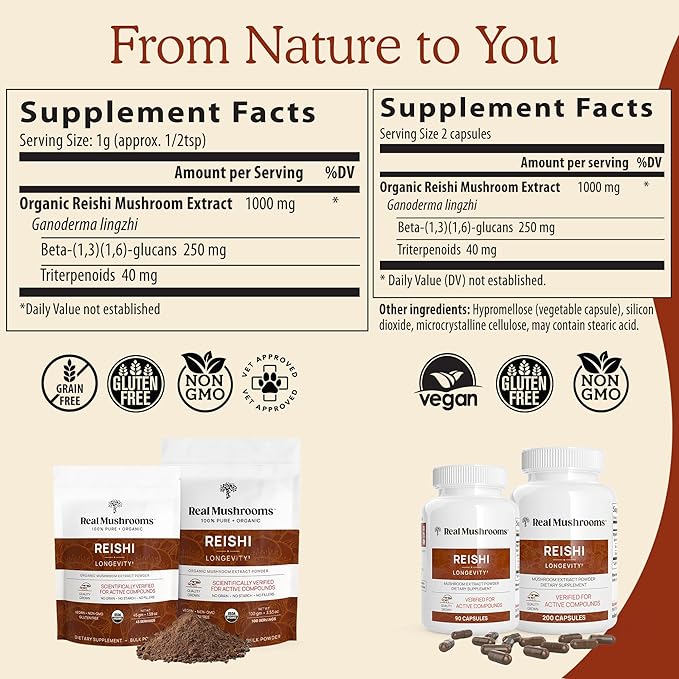 Real Mushrooms Reishi Powder - Organic Mushroom Extract Supplement with Potent Red for Longevity, Mood, Sleep, Immune Support Vegan Supplement, Non-GMO, 45 Servings