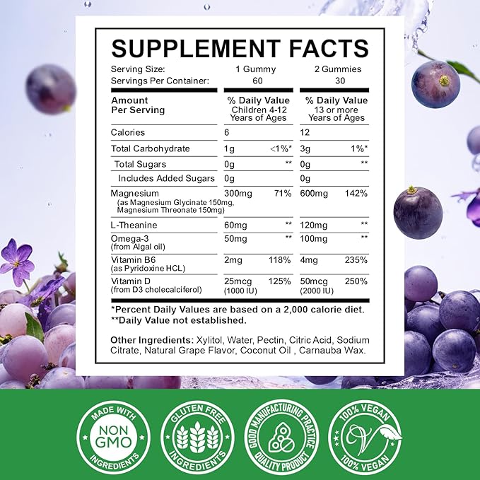 Magnesium Complex Gummies for Kids & Adults- Magnesium Glycinate, Threonate Supplement- Support Calm Stress Relief, Bones, Mood Vegan- Sugar-Free Grape Flavor, 60 Gummies
