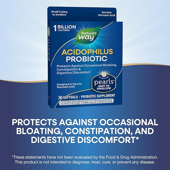 Nature's Way Acidophilus Probiotic Pearls, Supports Digestive Balance and Gut Health*, Protects Against Occasional Constipation and Bloating*, 1 Billion Live Cultures, 30 Softgels (Packaging May Vary)