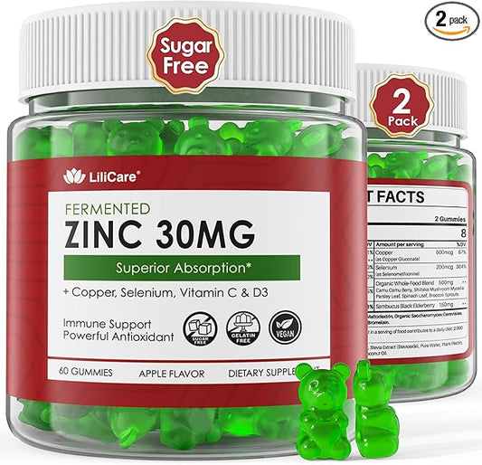 Zinc Gummies + Copper, Selenium, Vitamin C & D3, Fermented Zinc Supplements for Women and Men with Elderberry for Daily Immune Support, Powerful Antioxidant, High Absorption, Vegan, Sugar Free, 2 Pack
