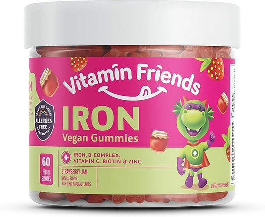Vitamin Friends - Vegan Multivitamin & Iron for Kids - Daily Nutritional Support Gummies w/Ferrous Fumarate B-Complex, Vitamin C, Zinc, Biotin - Body Function & Anemia - Strawberry Jam(60 Day Supply)