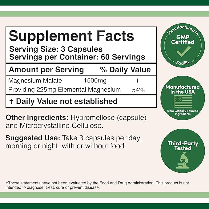 Magnesium Malate Capsules (180 Count) - 1,500mg Per Serving (Magnesium Bonded to Malic Acid), Third Party Tested, Vegan Friendly, Gluten Free by Double Wood Supplements