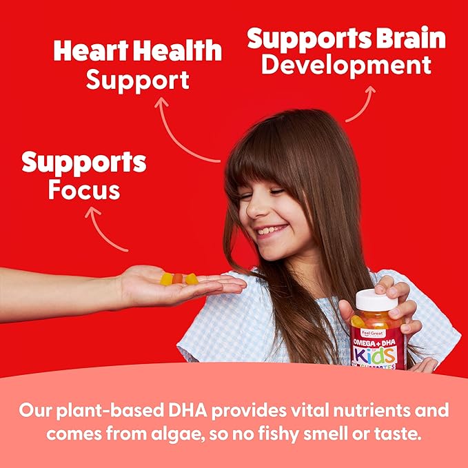 Feel Great Vitamin Co. Complete DHA Gummies for Kids | with Omega 3 6 9 + DHA, Vitamin C | Supports Healthy Brain Function, Vision & Heart Health | Gluten Free, Vegetarian | 60 Gummies