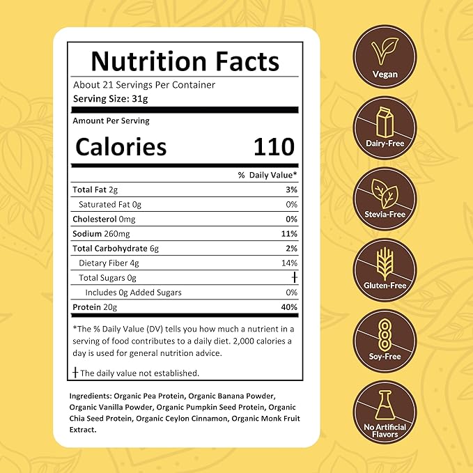 Organic Vegan Protein Powder Sample Pack - Plant-Based Protein, Gluten-Free, Non GMO, 20g Protein Per Serving, Great for Smoothies & Shakes (Banana Cinnamon, Pack of 16)