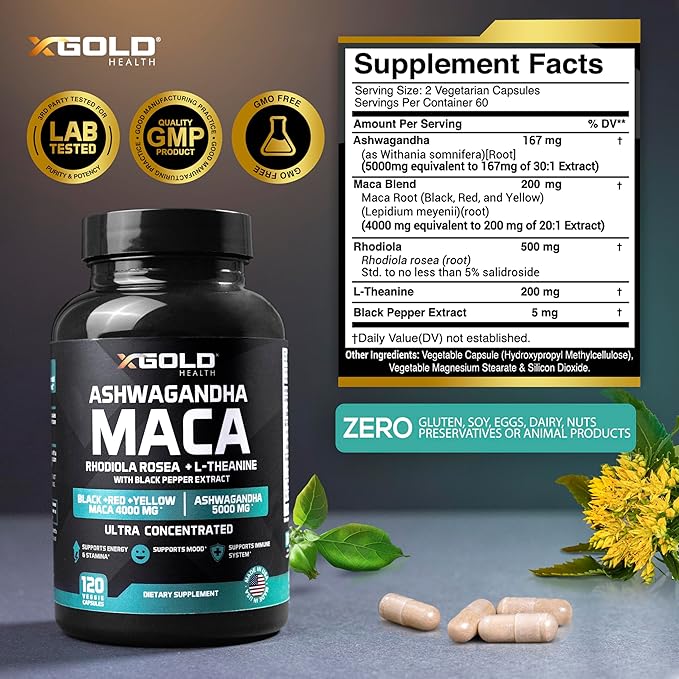 Ashwagandha 5,000mg + Maca Root Black, Red, Yellow 4,000mg, Rhodiola & L-Theanine: 30:1 Extract Ashwagandha Capsules, 20:1 Extract Maca Root Capsules - Supplement for Men and Women
