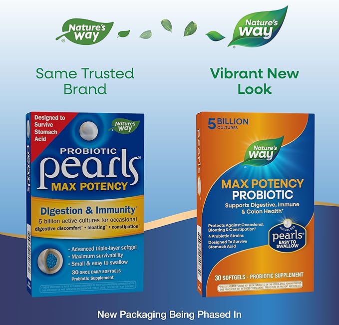 Nature's Way Max Potency Probiotic Pearls for Men and Women, Supports Digestive, Immune, Colon Health*, 5 Billion Live Cultures, No Refrigeration Required, 30 Softgels (Packaging May Vary)