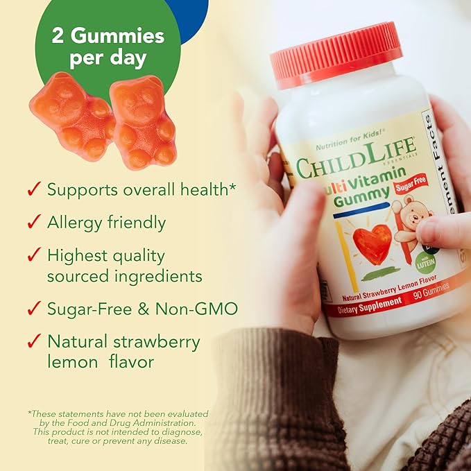 CHILDLIFE ESSENTIALS Multivitamin Gummies for Kids - Children's Vitamins, Kids Multivitamins with DHA, Sugar Free - Natural Strawberry, 90 Count