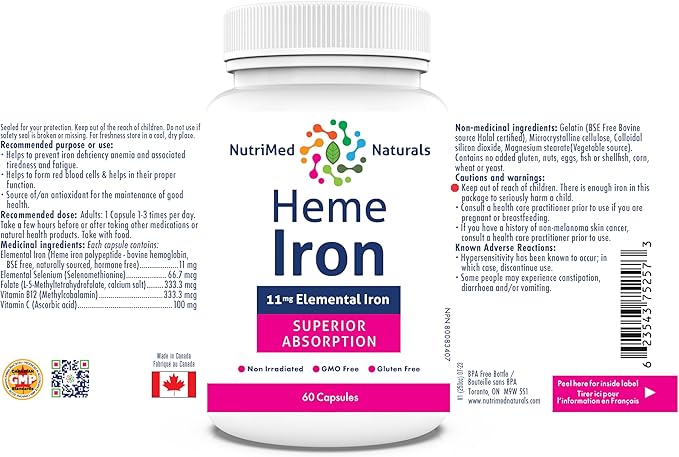 Heme Iron Supplement - 60 Capsules, 11mg Elemental Iron for Superior Absorption - Ideal Iron Supplements for Women