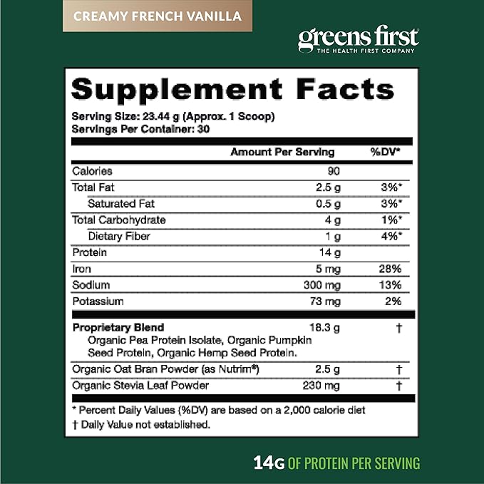 Greens First Dream Protein Plant-Based Vegan Powder - USDA Organic Pumpkin, Hemp & Pea Protein - Gluten-Free, Non-GMO, No Added Sugar (Creamy French Vanilla, 24.8 oz)