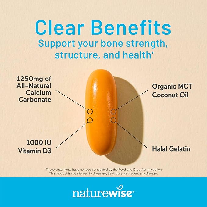 NatureWise High-Purity, All-Natural Calcium 1250mg + Vitamin D3 1000IU + Organic MCT Coconut Oil - Pregnancy Safe + Non-GMO - Absorption Friendly, Gluten Free - 200 Softgels[100-Day Supply]