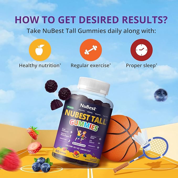 NuBest Tall Gummies for Kids Age 2+ & Teens | Bone Strength, Immunity, Digestive Health with Calcium, Vitamin D3, K2, B Complex, Magnesium, Zinc | 20+ Vitamins Berries Gummies, No Added Sugar