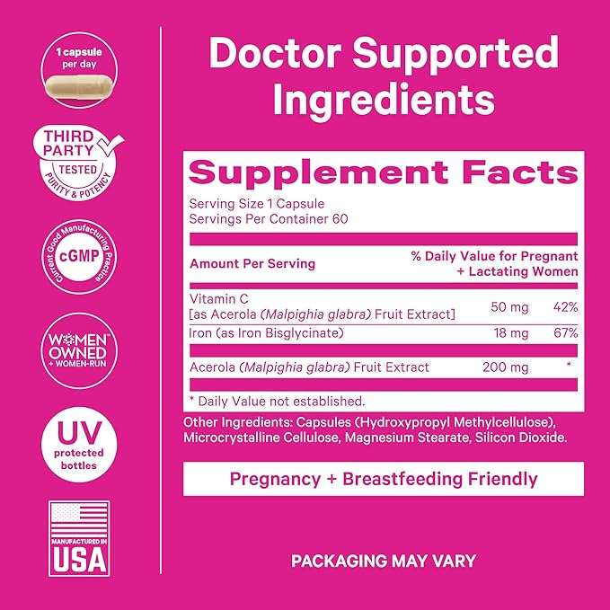 Pink Stork Prenatal Iron Supplement for Women - 18 mg Non-Constipating Iron & Vitamin C for Pregnancy, Postpartum, & Breastfeeding - Focus, Fatigue, & Blood Cell Production - 2 Month Supply