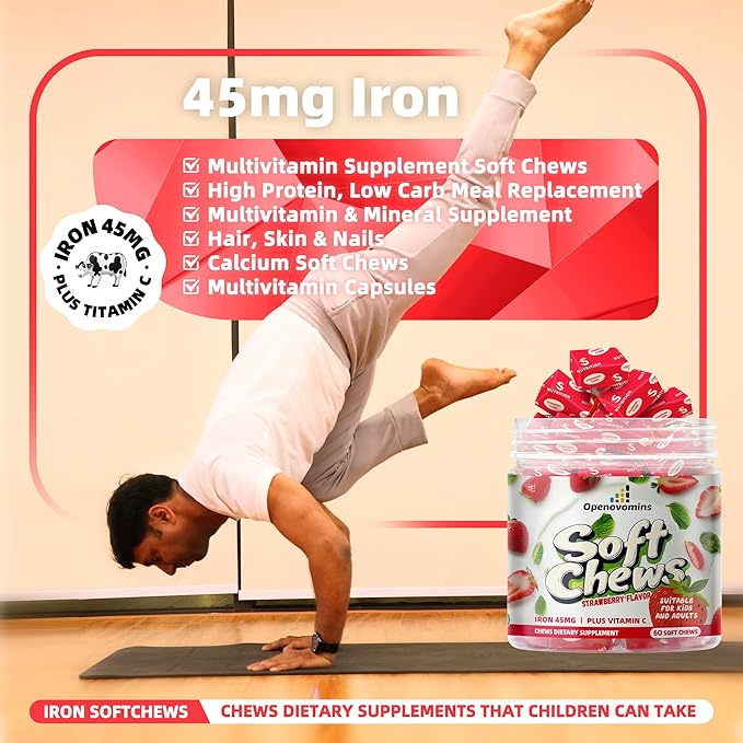 Iron Supplement Chews with Vitamin C for Women Men and Kids, Natural Vegan Iron Soft Chew with Vitamin B6,B12,D, Calcium & Zinc - Energy Support, 60 Strawberry SoftChews,2 Month Supply