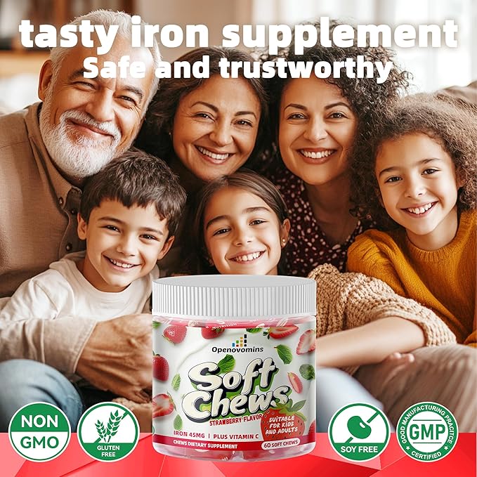 Iron Supplement Chews with Vitamin C for Women Men and Kids, Natural Vegan Iron Soft Chew with Vitamin B6,B12,D, Calcium & Zinc - Energy Support, 60 Strawberry SoftChews,2 Month Supply