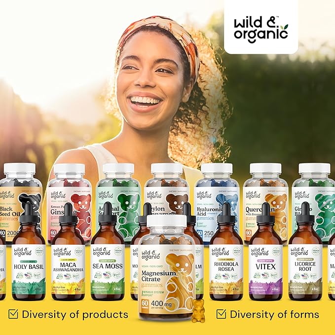 Wild & Organic Magnesium Citrate Gummies 400 mg - Relaxing Chewables for Calm and Mood - Calming Magnesium Citrate Supplement - 60 Vegan, Non-GMO Powder Based Chews