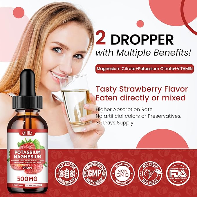 Potassium Magnesium Citrate Supplement, Liquid Magnesium Citrate Drops 500mg with Ashwagandha, Calcium, Zinc, Vitamin D3, B6, B12, CoQ10 - Support Calm & Bone & Muscle & Immune Health Vegan 2 fl oz